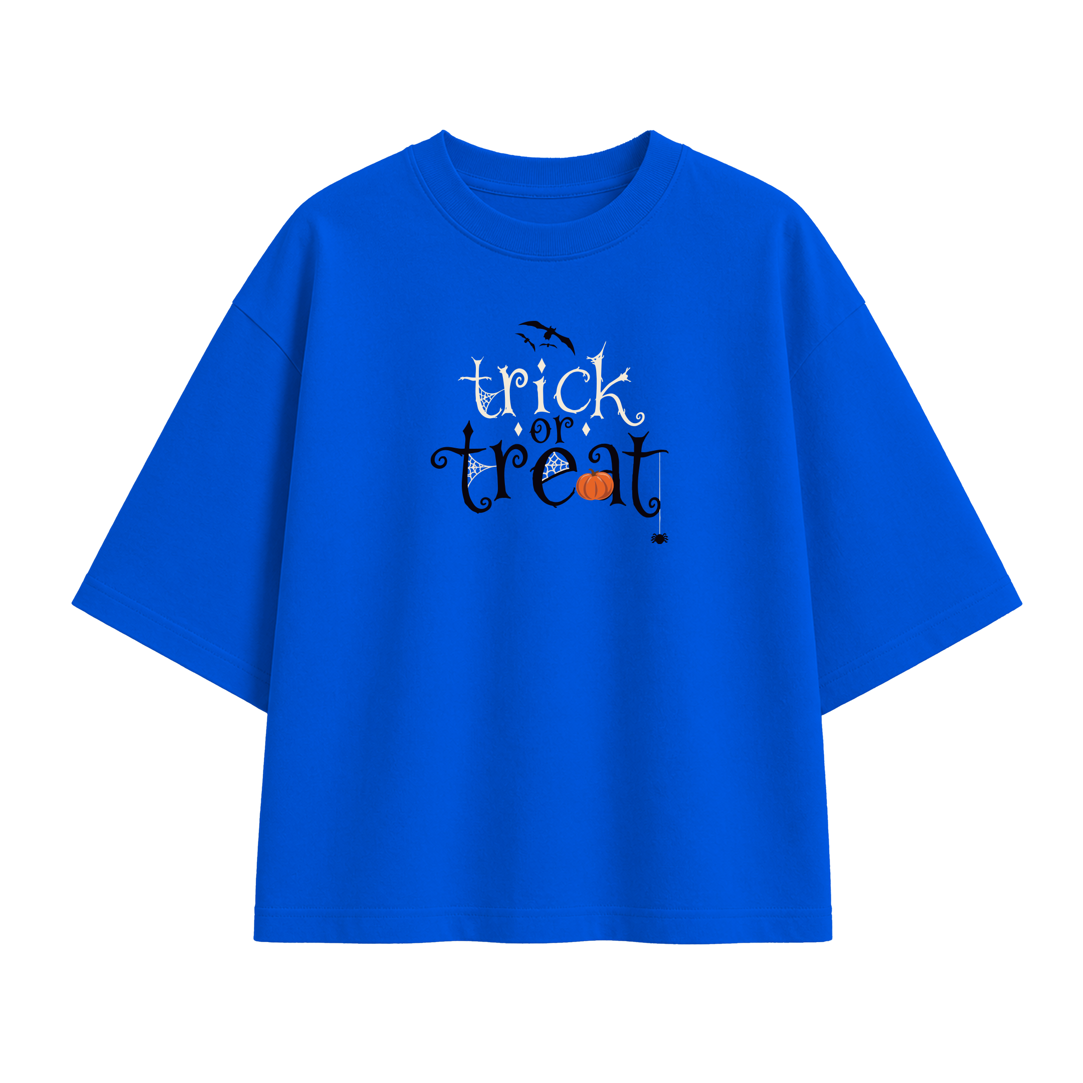 A bright blue short-sleeve t-shirt with a 'trick or treat' Halloween graphic on the chest, displayed against a solid white background.