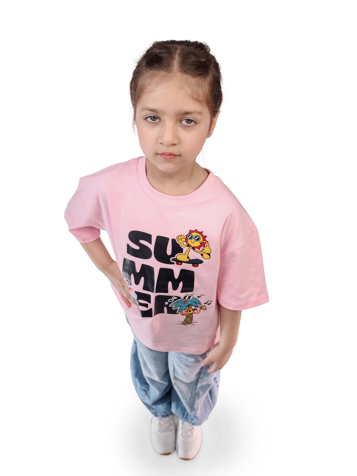 Child wearing a pink t-shirt with cartoon characters and 'SUMMER' text on a white background